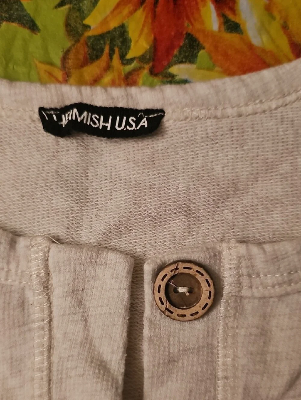 HEIMISH USA Cream Henley Top with Multicolor Stripe Raglan Sleeves